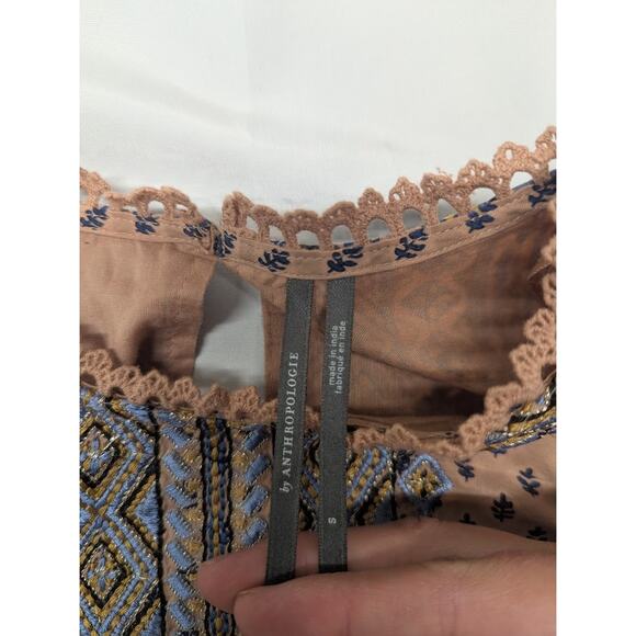 By Anthropologie Embroidered Tunic Mini Dress Sz S Pink Floral - Picture 3 of 7